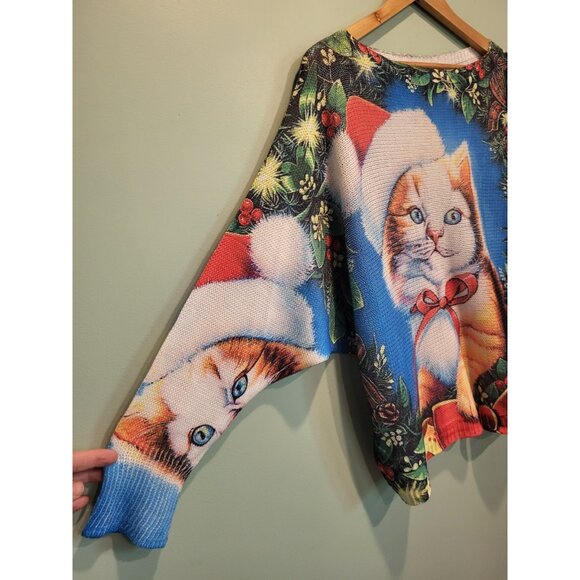 Christmas Cat Loose Knit Long Dolman Sleeve Sweater Yolly Italy Sz S/M - Picture 3 of 7